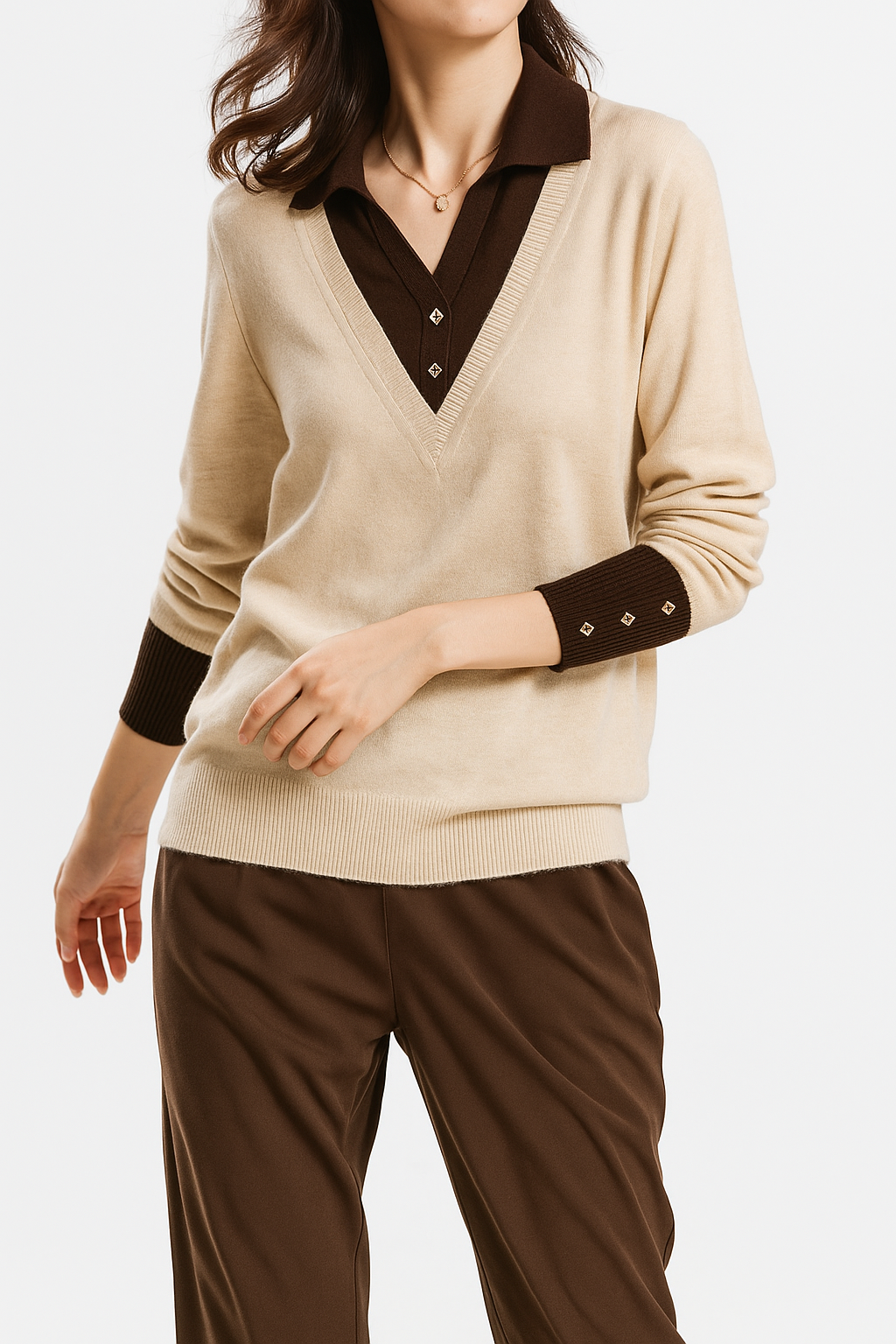 Beige layered-look collared knit sweater with V-neck and contrasting button collar