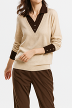 Beige layered-look collared knit sweater with V-neck and contrasting button collar
