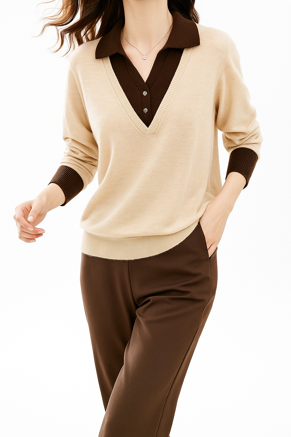 Ivory layered-look collared knit sweater with V-neck and ribbed cuffs