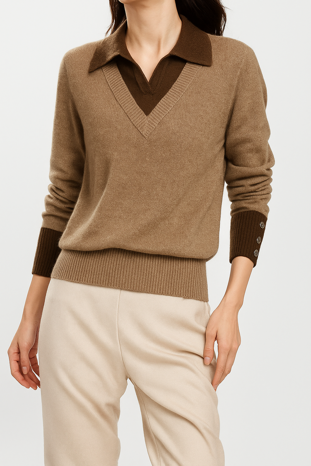 Brown layered-look collared knit sweater with V-neck and collared button placket