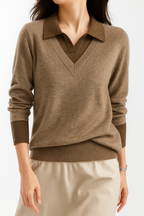 Taupe-brown V-neck knit sweater with layered collared button placket