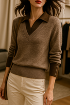 Dark brown knit sweater with layered V-neck and mock collared placket