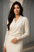 Women’s ivory crossover collar knit sweater with long sleeves and ribbed hem