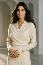 Women’s crossover collar knit sweater, cream color, long sleeves