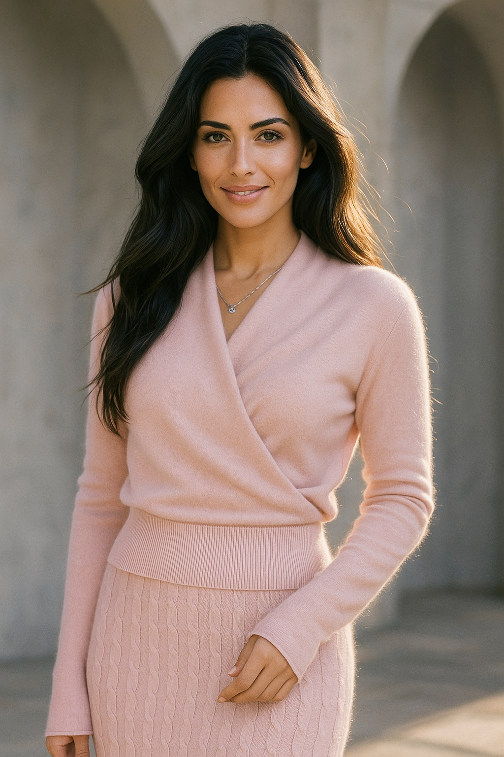 Women’s light pink crossover collar knit sweater with ribbed waistband and cuffs