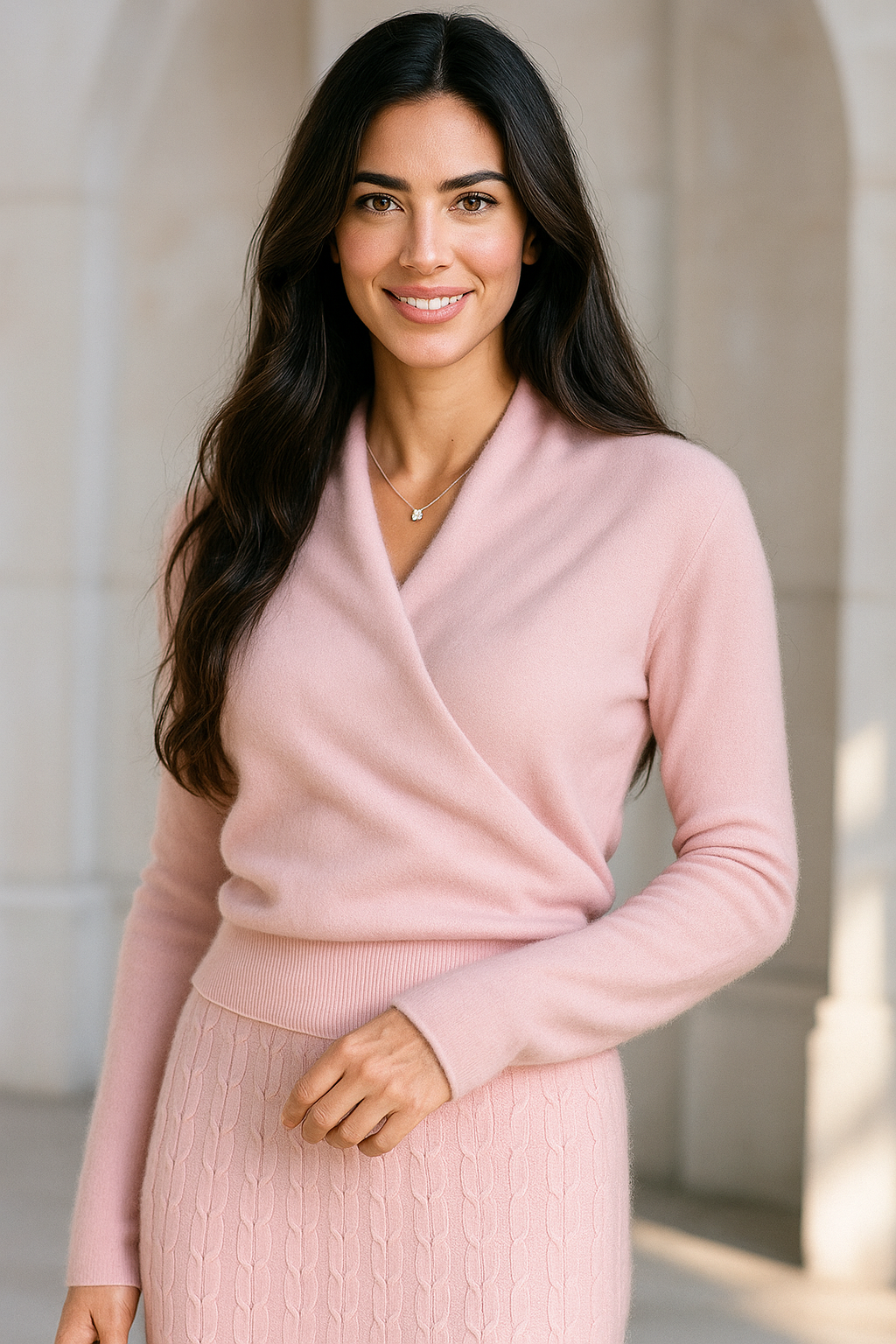 Women’s light pink crossover collar knit sweater with V crossover neckline