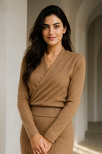 Women’s camel crossover collar knit sweater with long sleeves and ribbed trim