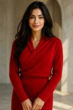 Women’s red crossover collar knit sweater with wrap-style V neckline
