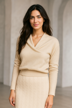 Women’s crossover collar knit sweater in light beige with long sleeves
