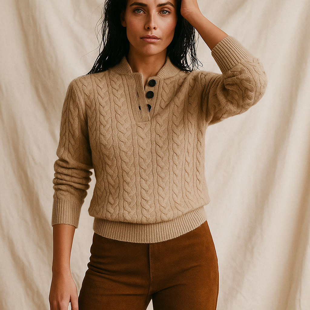 Women’s cable knit button-collar sweater in tan, long sleeves, dark button placket, ribbed hem.