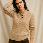 Women’s cable knit button-collar sweater in beige/tan, long sleeves, ribbed cuffs and hem.