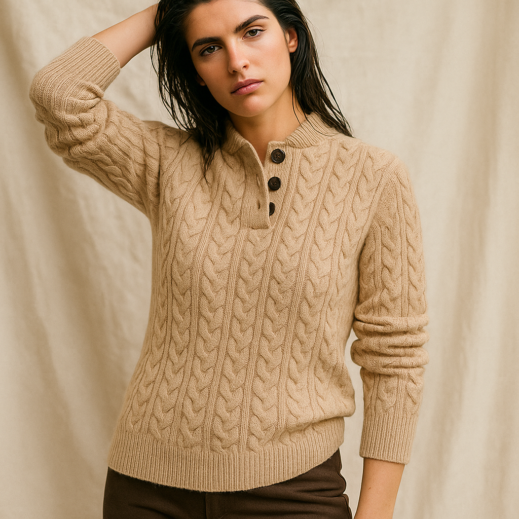 Women’s cable knit button-collar sweater in beige/tan, long sleeves, ribbed cuffs and hem.