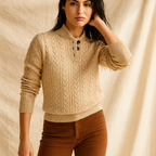 Women’s cable knit sweater in light tan, buttoned mock collar, long sleeves, ribbed hem.