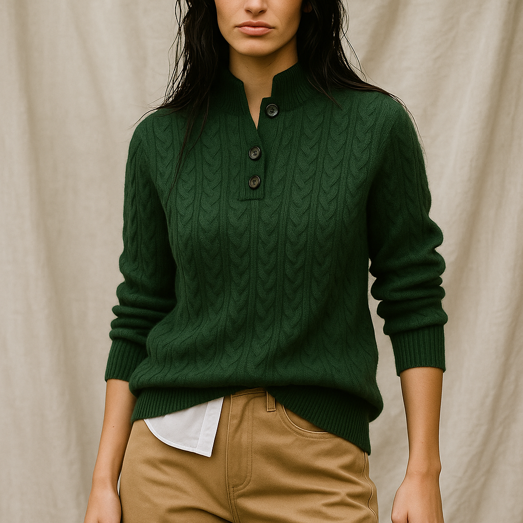 Women’s dark green cable-knit sweater with buttoned collar and ribbed cuffs