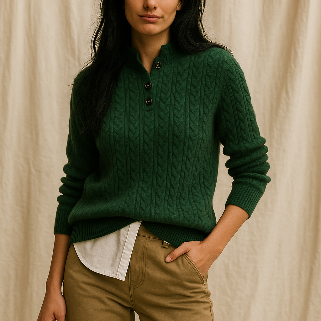 Women’s cable knit button-collar sweater in dark green, long sleeves, ribbed hem and cuffs.