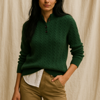 Women’s cable knit button-collar sweater in dark green, long sleeves, ribbed hem and cuffs.