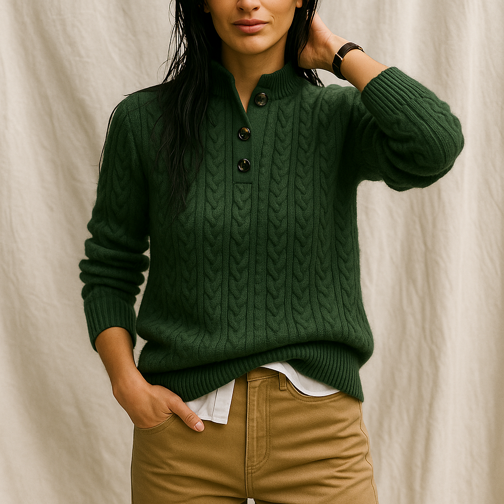 Green cable-knit sweater with button collar and dark button placket