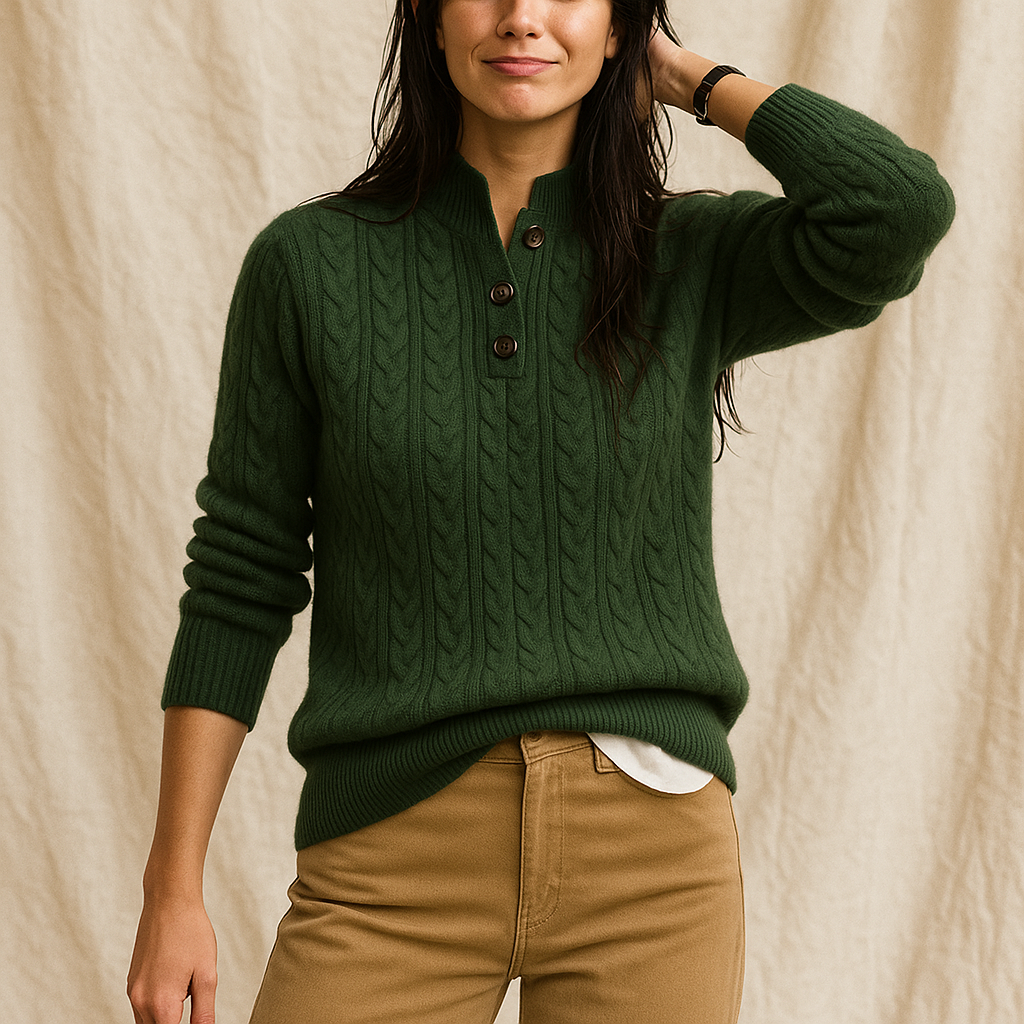 Green cable-knit pullover sweater with buttoned collar and ribbed cuffs