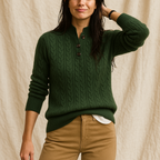 Green cable-knit pullover sweater with buttoned collar and ribbed cuffs