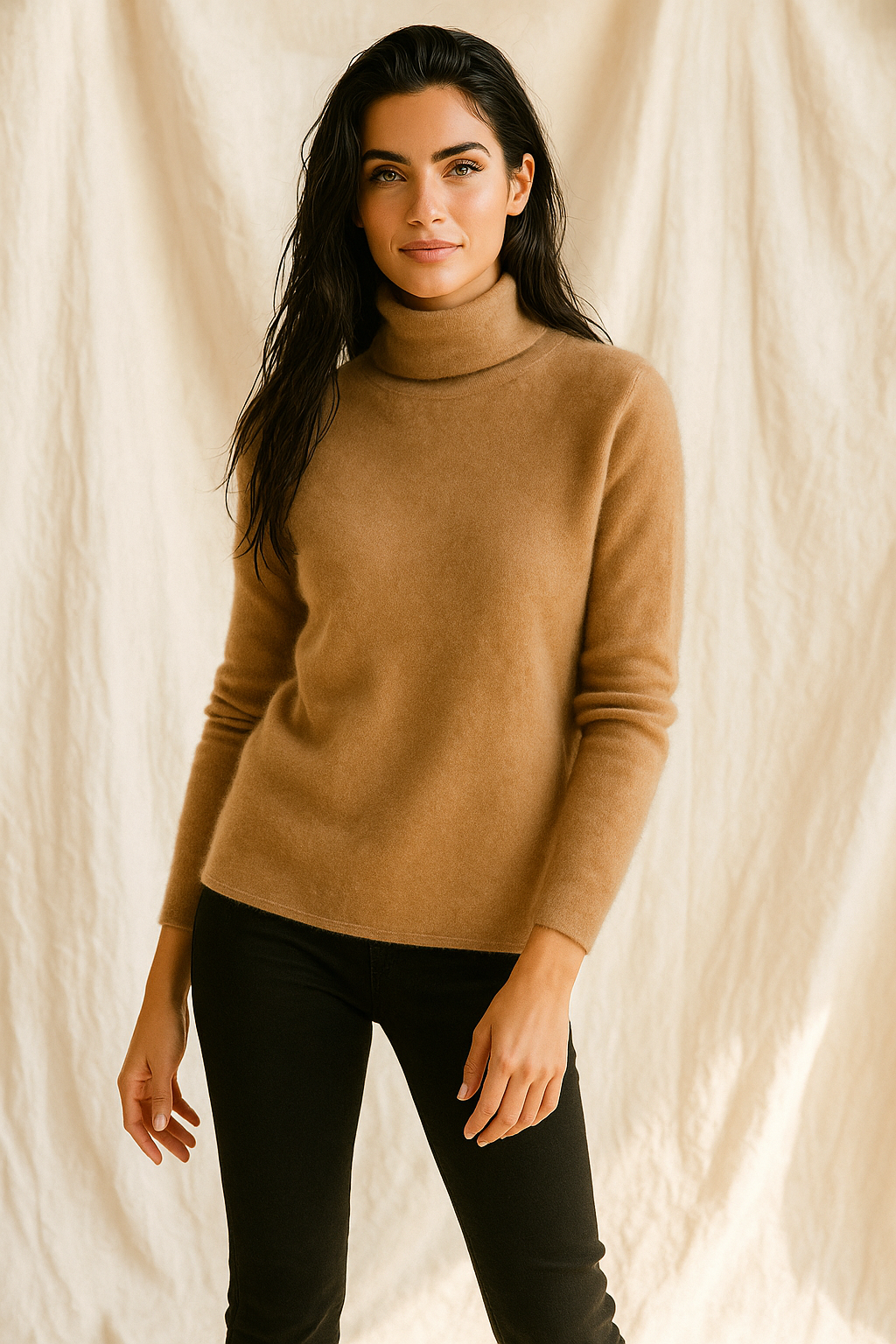 Women's slim-fit turtleneck knit sweater, camel knit, long sleeves, ribbed turtleneck collar.