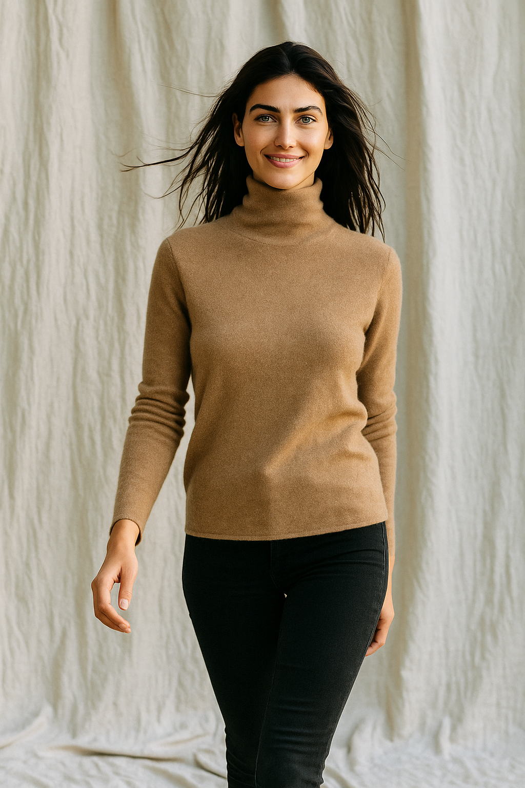 Women's slim-fit turtleneck knit sweater, camel knit, long sleeves, ribbed turtleneck and cuffs.
