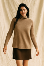 Camel slim-fit turtleneck sweater with long sleeves and waist-length hem
