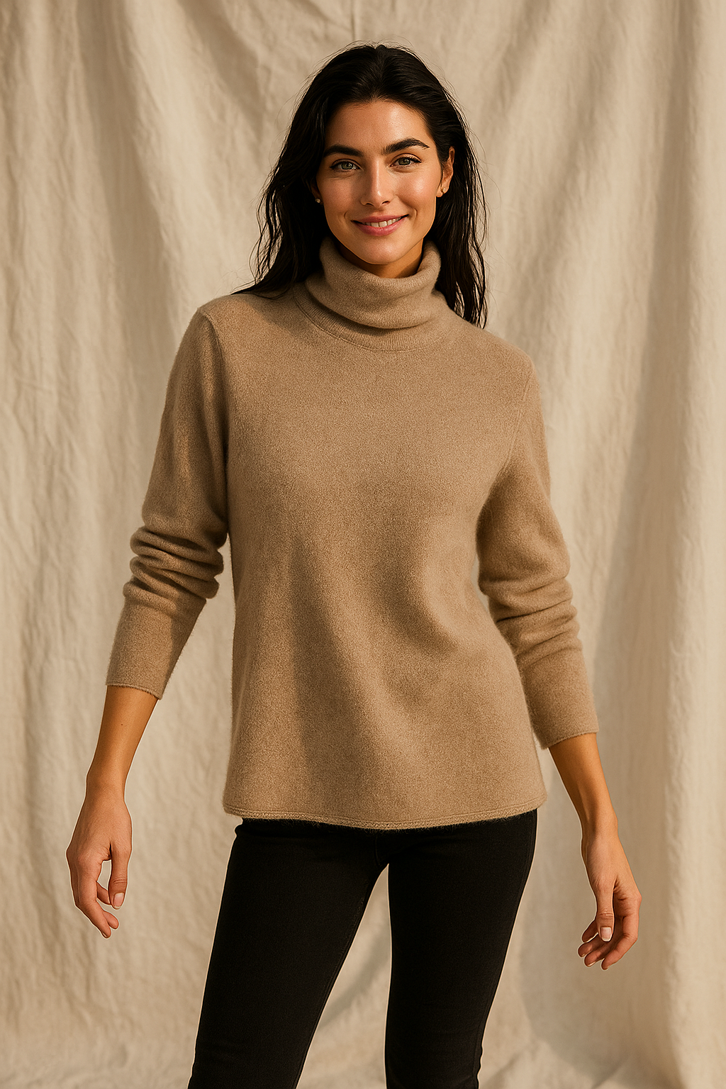 Camel turtleneck knit sweater with long sleeves and straight, fitted hem