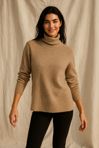Camel turtleneck knit sweater with long sleeves and straight, fitted hem
