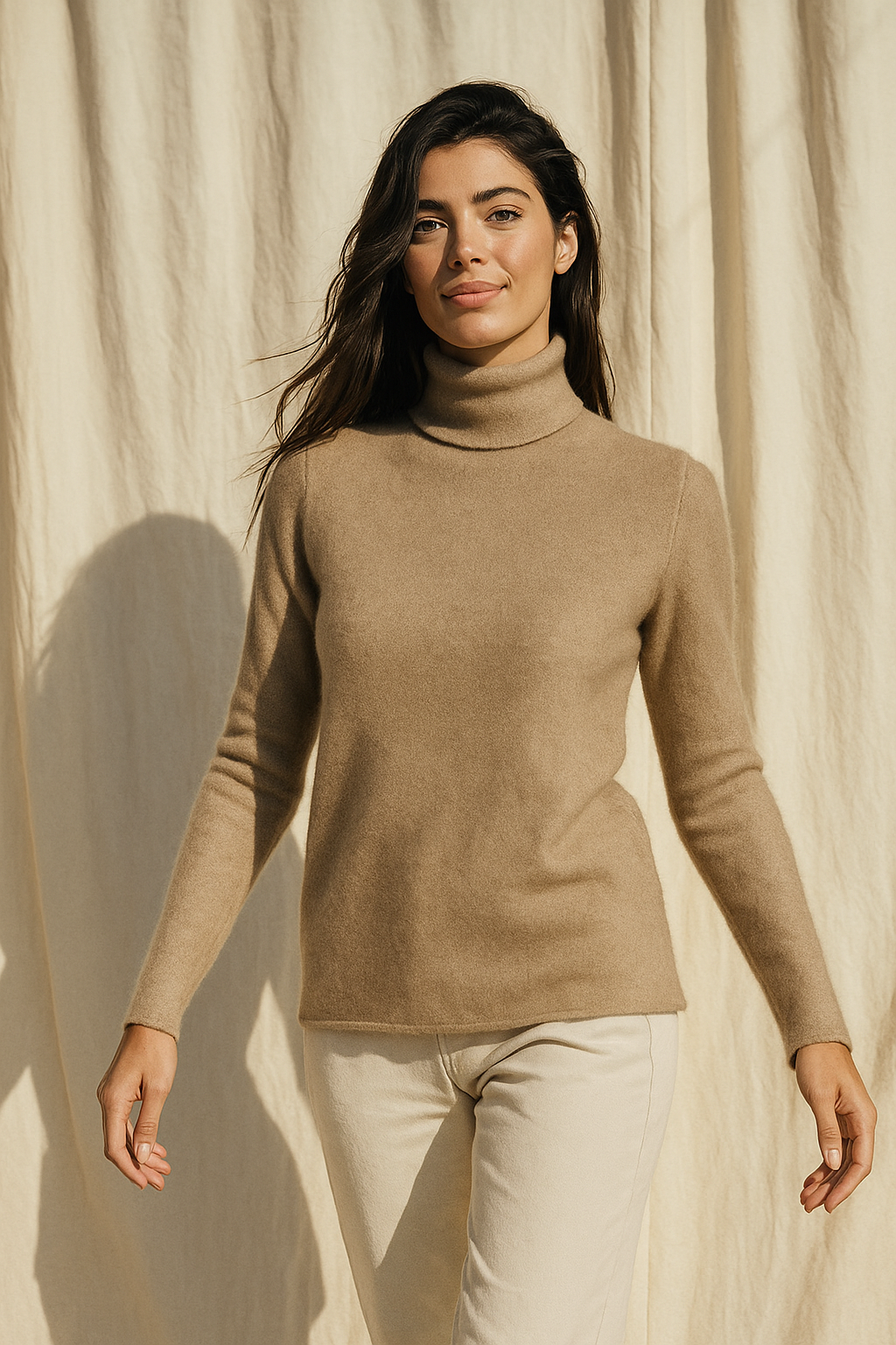 Camel slim-fit turtleneck sweater with long sleeves and smooth knit body