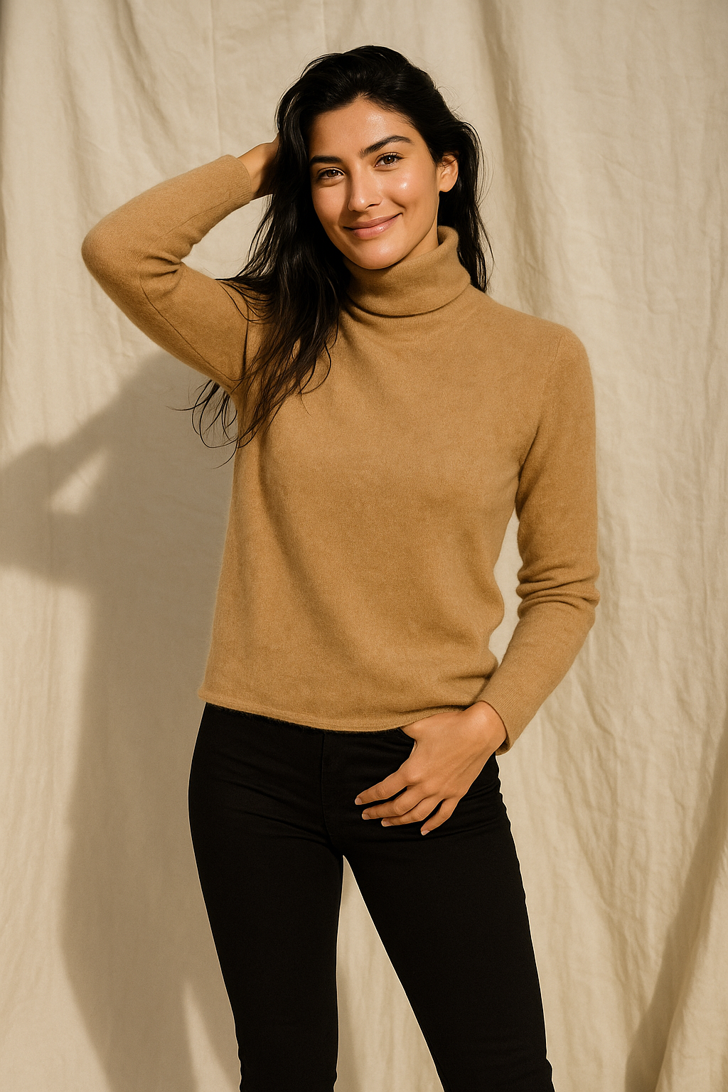 Women's slim-fit turtleneck knit sweater, camel knit, long sleeves, ribbed turtleneck and cuffs.