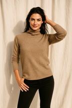 Camel long-sleeve turtleneck knit sweater with high collar and fitted waist