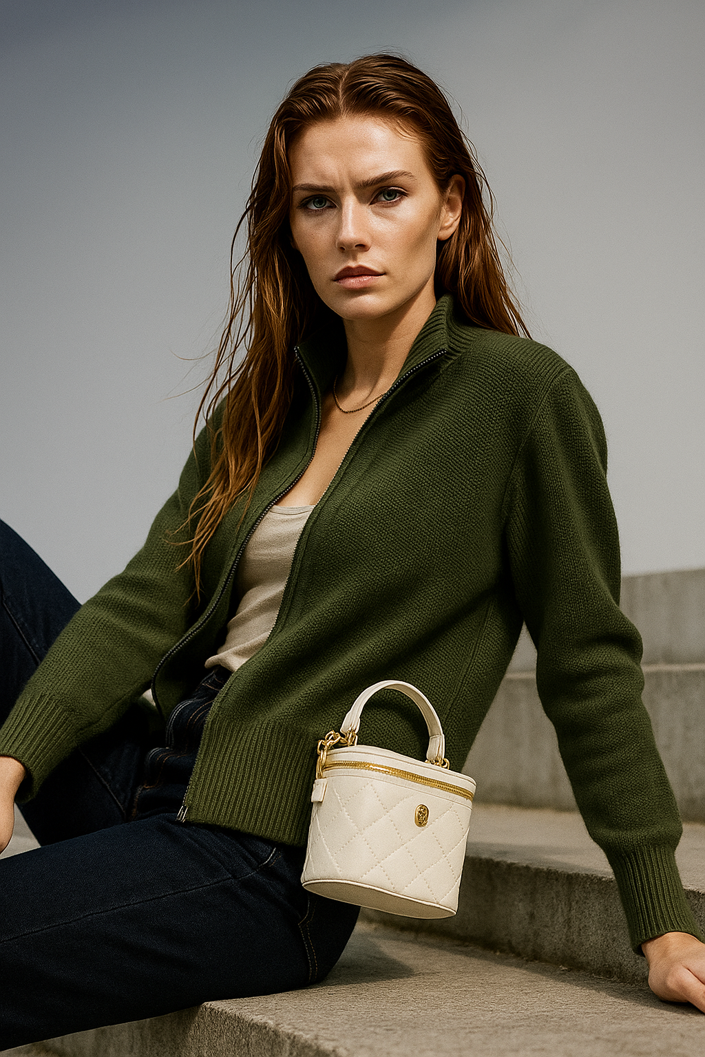 Dark green zip-up cardigan with ribbed knit and stand collar