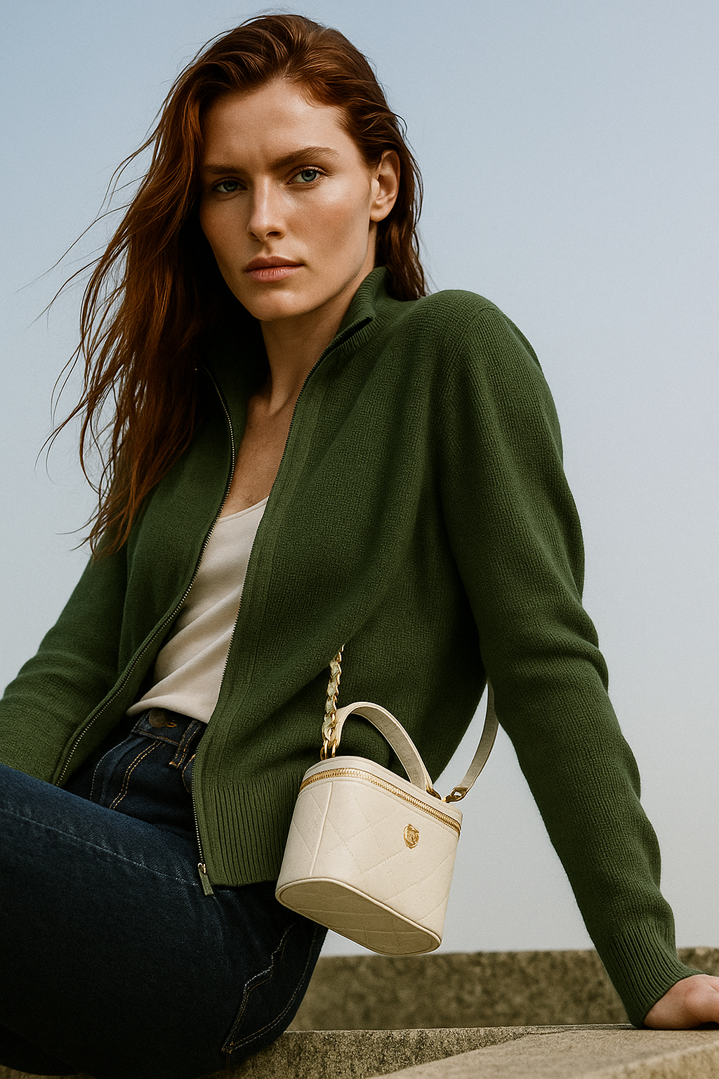 Dark green zip-up cardigan with ribbed knit and front zipper
