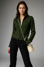 Dark green zip-up cardigan with stand collar, ribbed knit, and front zipper