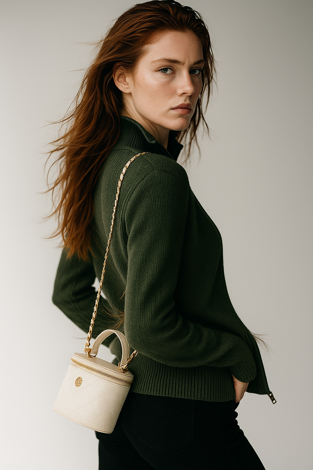 Dark green zip-up cardigan with ribbed knit and front zipper detail