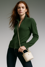 Women’s merino wool blend zip-up cardigan, dark green, front zip and long sleeves