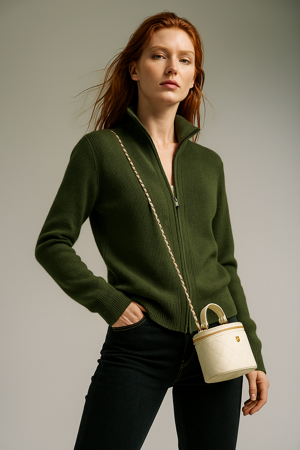 Women’s merino wool blend zip-up cardigan, dark green, zip-front sweater with ribbed hem