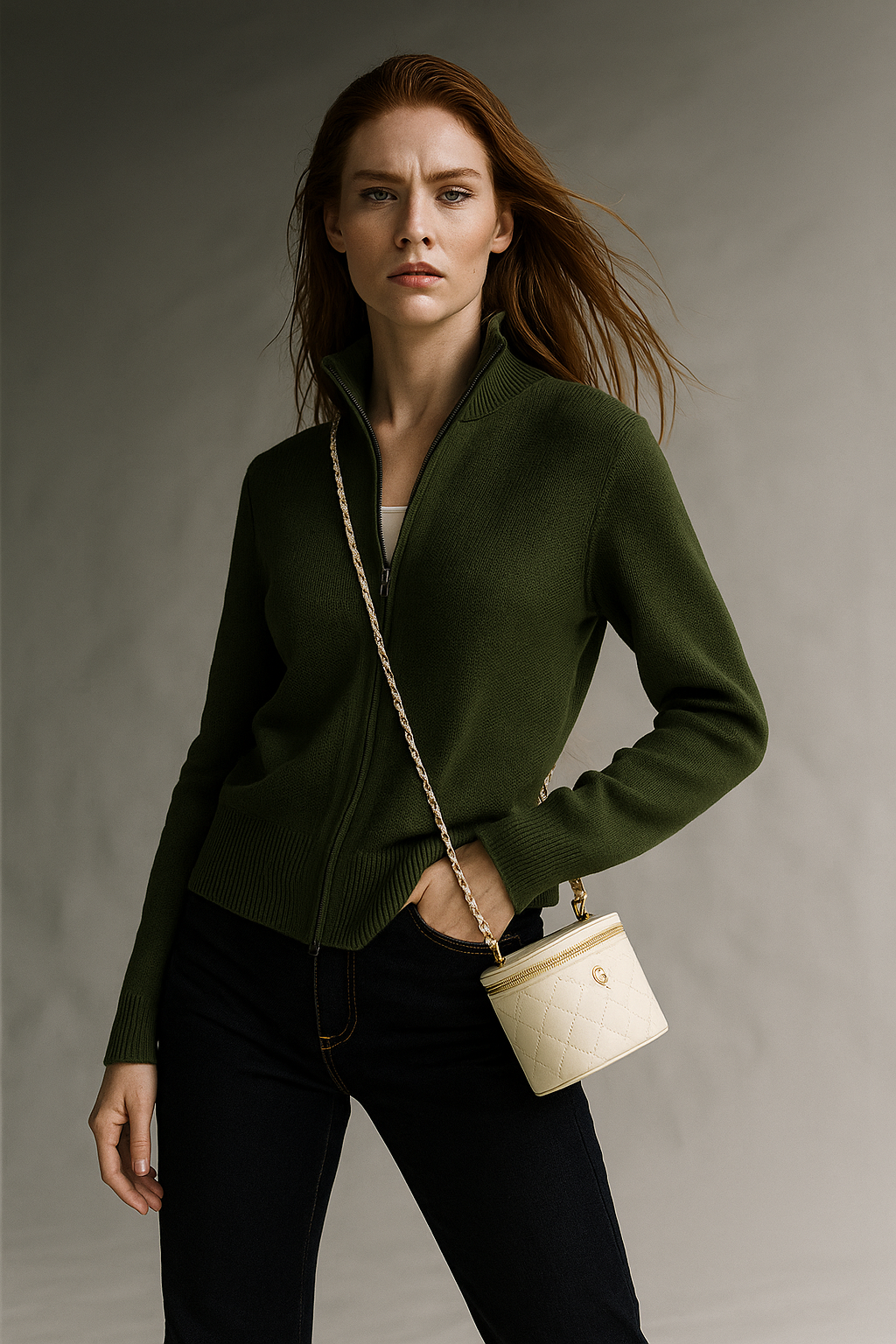Women’s merino wool blend zip-up cardigan, dark green, zip-front knit with long sleeves