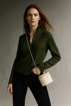 Women’s merino wool blend zip-up cardigan, dark green, zip-front knit with long sleeves