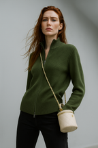 Women’s merino wool blend zip-up cardigan, dark green, zip-up front and ribbed cuffs