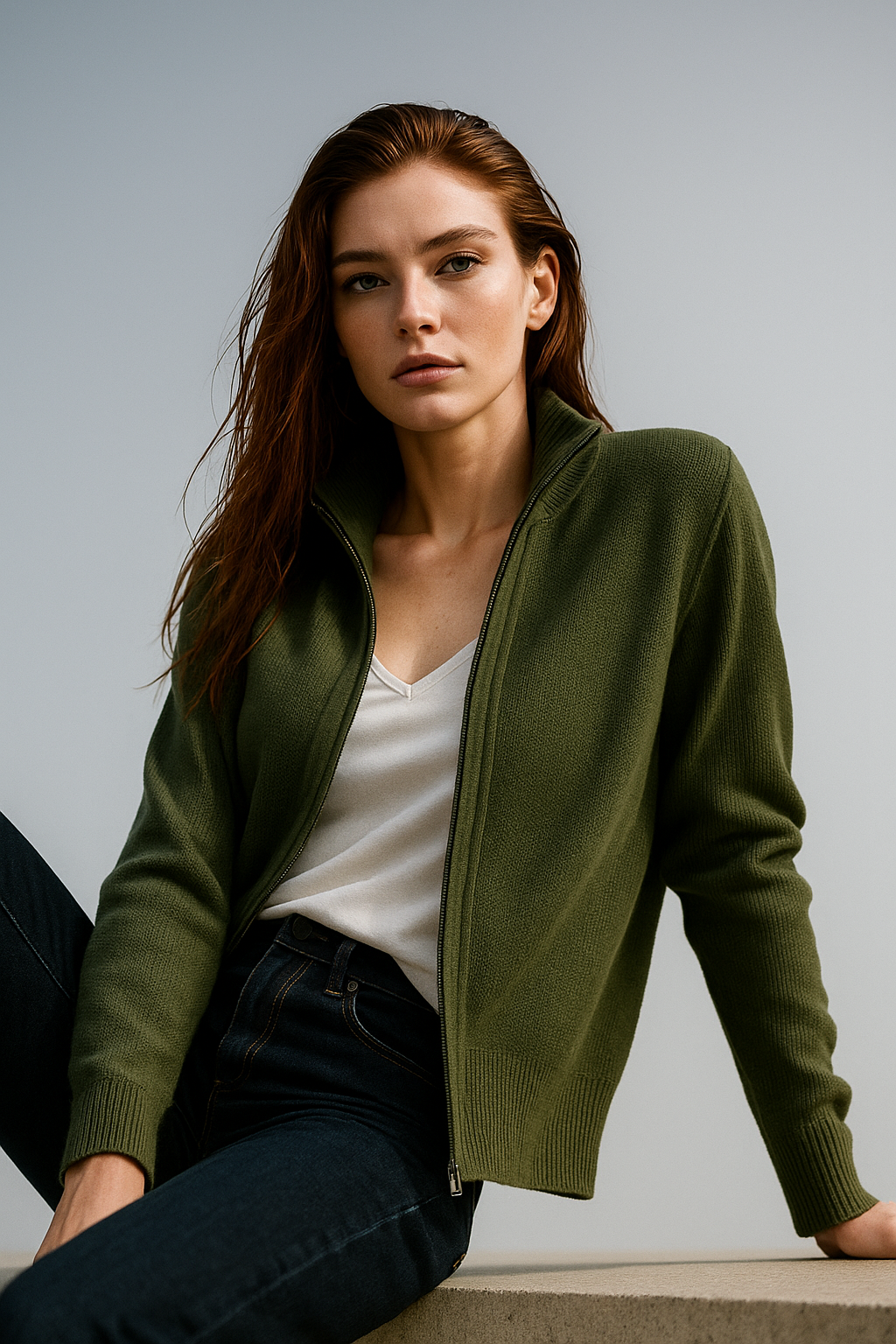 Women’s merino wool blend zip-up cardigan, dark green, open collar and front zip detail