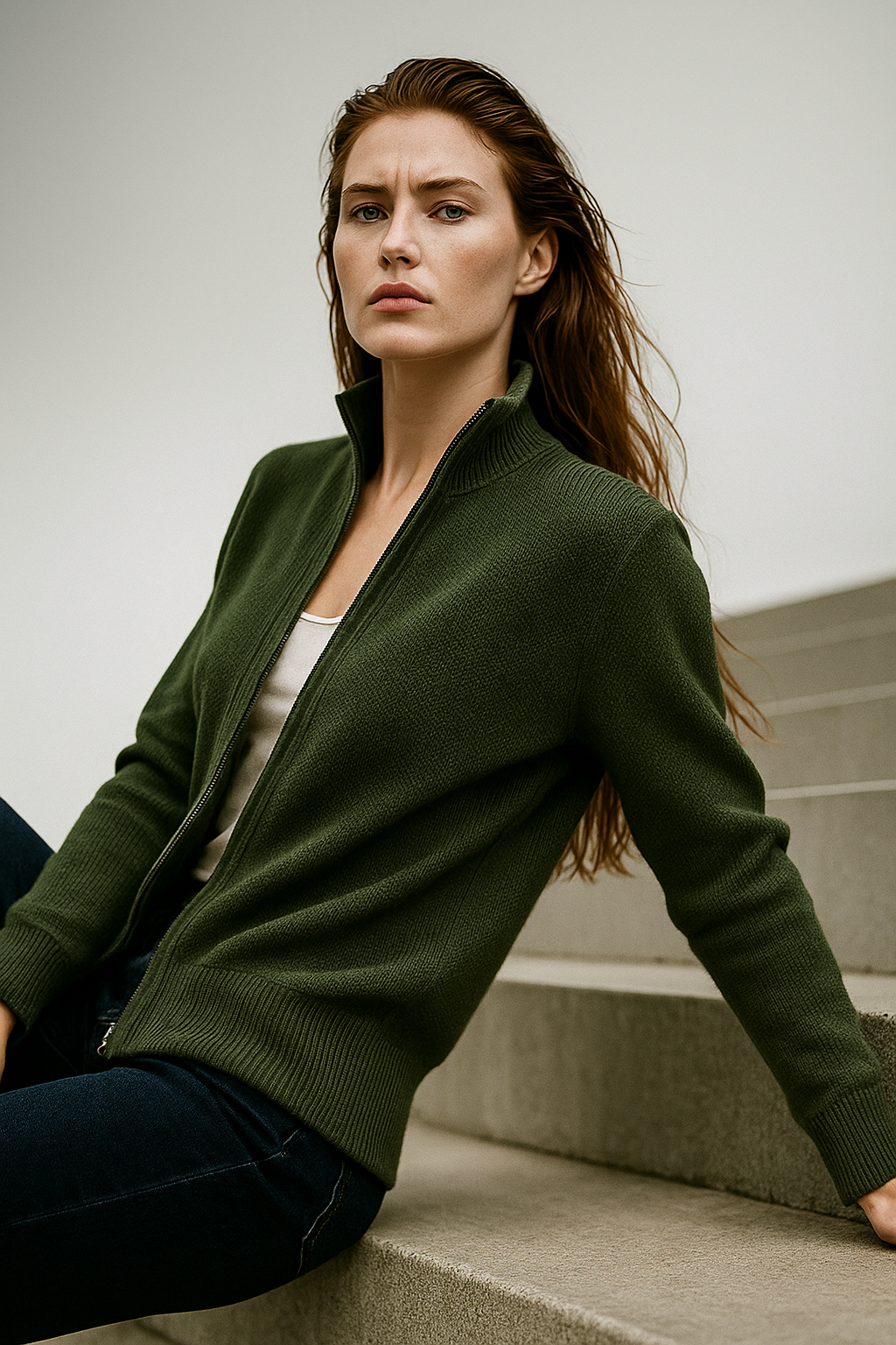 Women’s merino wool blend zip-up cardigan, dark green, knit zip jacket with ribbed trim