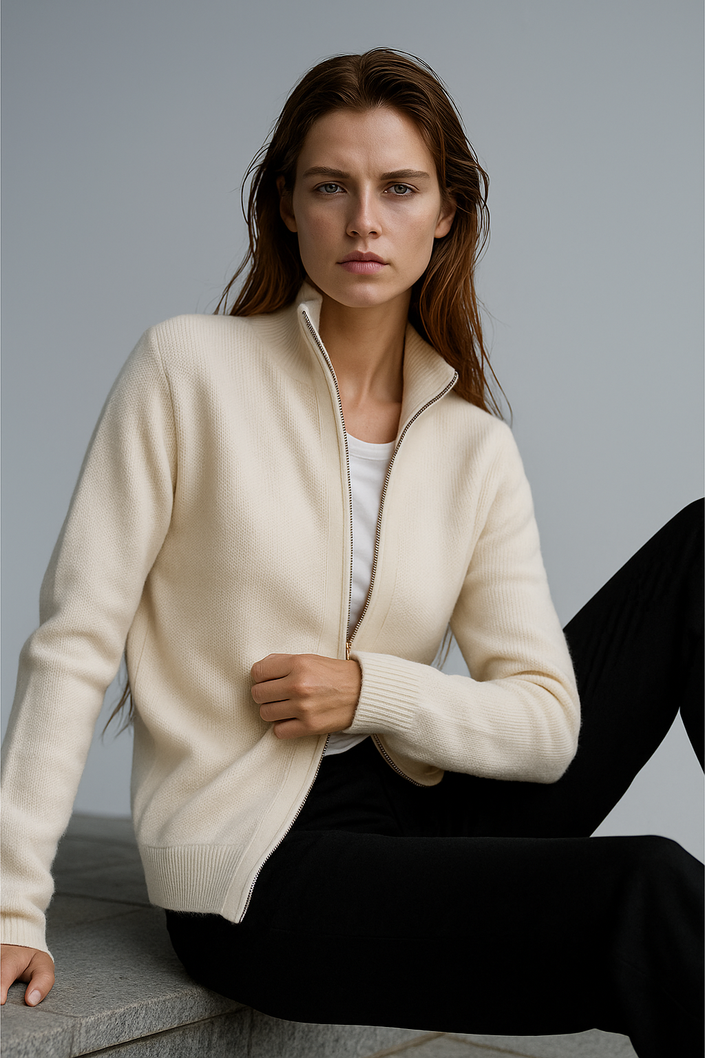 Women’s merino wool blend zip-up cardigan, ivory, full-zip front and ribbed cuffs