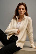 Women’s merino wool blend zip-up cardigan, ivory, zip front with knit texture and ribbed hem