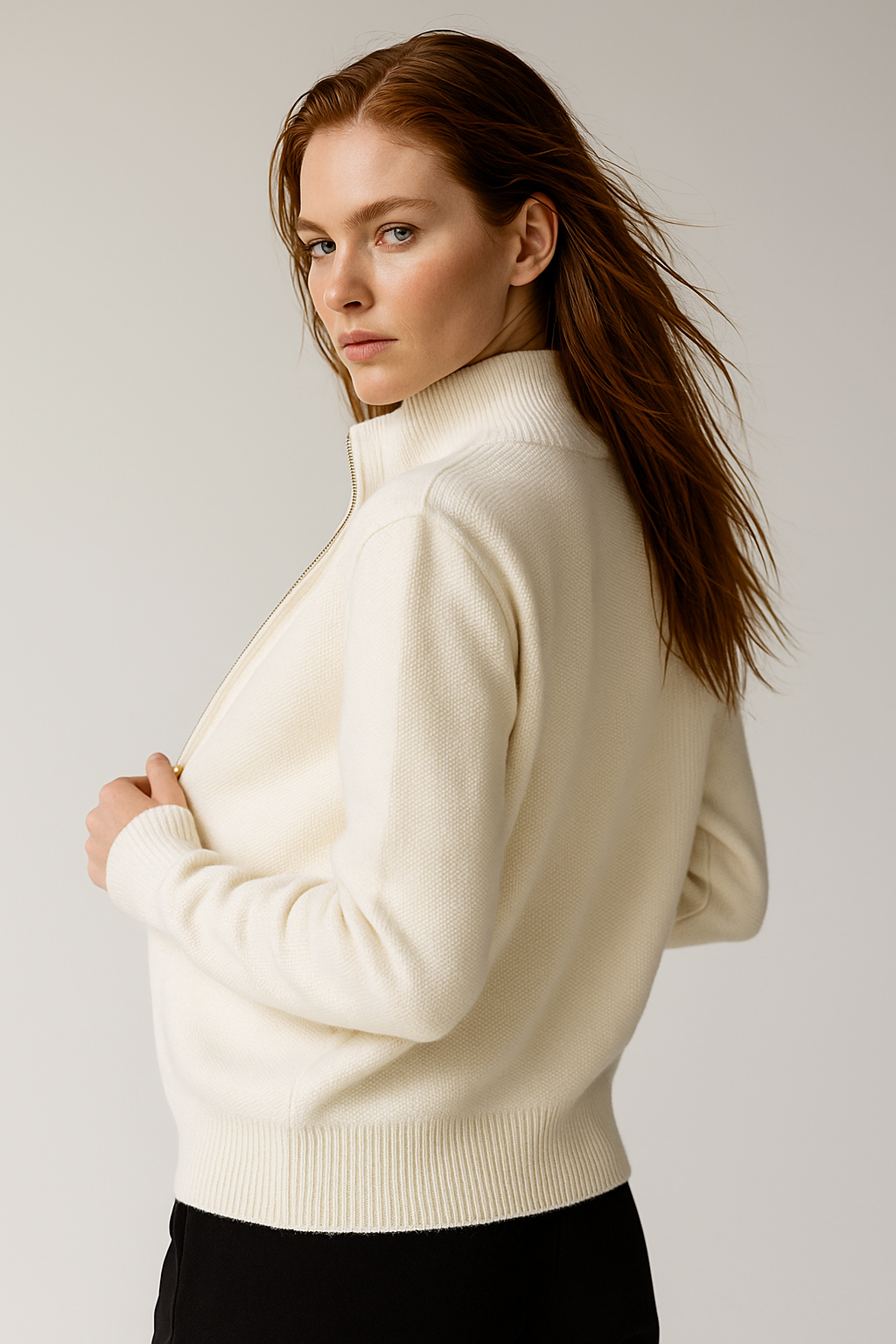 Women’s merino wool blend zip-up cardigan, ivory, back/side view with stand collar and zip