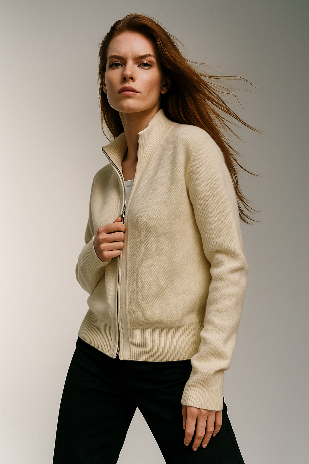 Ivory zip-up cardigan with ribbed hem, stand collar, and full-length zipper.