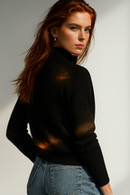 Black ribbed knit zip-up cardigan with long sleeves and stand collar