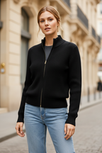 Black zip-up merino wool blend cardigan with ribbed knit and stand collar