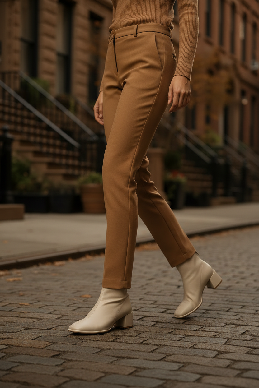 Tan genuine leather square-toe ankle boots with block heel and side ties