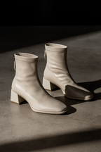 Ivory genuine leather square-toe ankle boots with block heel and side ties